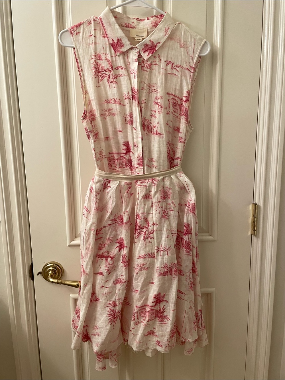 Band Of Outsiders Cream & Pink Sleeveless Collared, Pleated Dress